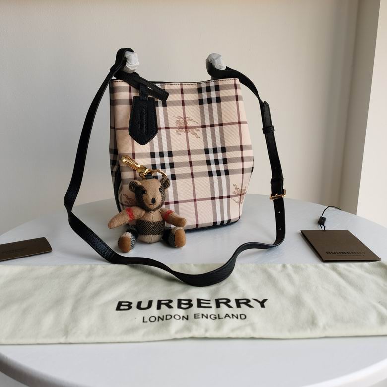Burberry Haymarket Check Bucket Bag with Black Leather Strap and Thomas Bear Charm