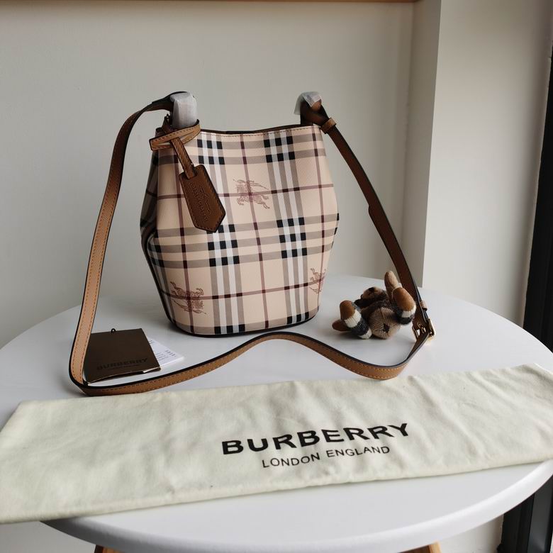 Burberry Haymarket Check Small Bucket Bag with Tan Leather Strap and Bear Charm