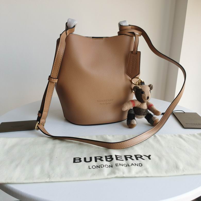 Burberry Small Leather Bucket Bag with Crossbody Strap in Camel Tan