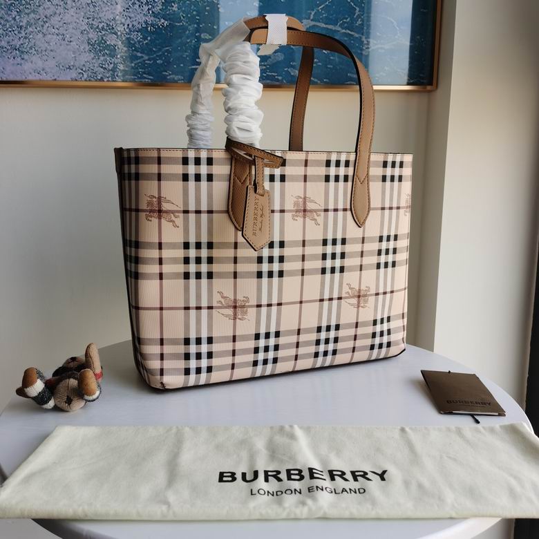 Burberry Haymarket Check Tote Bag in Beige with Tan Leather Handles