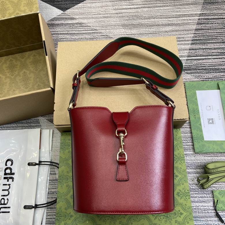 Gucci Jackie Notte Small Bucket Bag in Red Leather with Web Strap