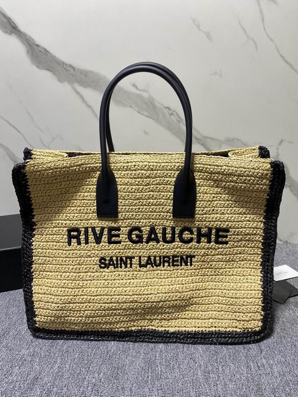 Saint Laurent Rive Gauche Large Tote Bag in Natural Raffia with Black Trim