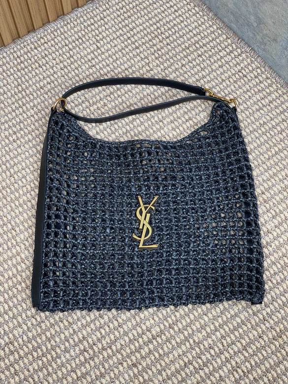 Saint Laurent Open-Weave Raffia Shoulder Bag with YSL Logo in Black