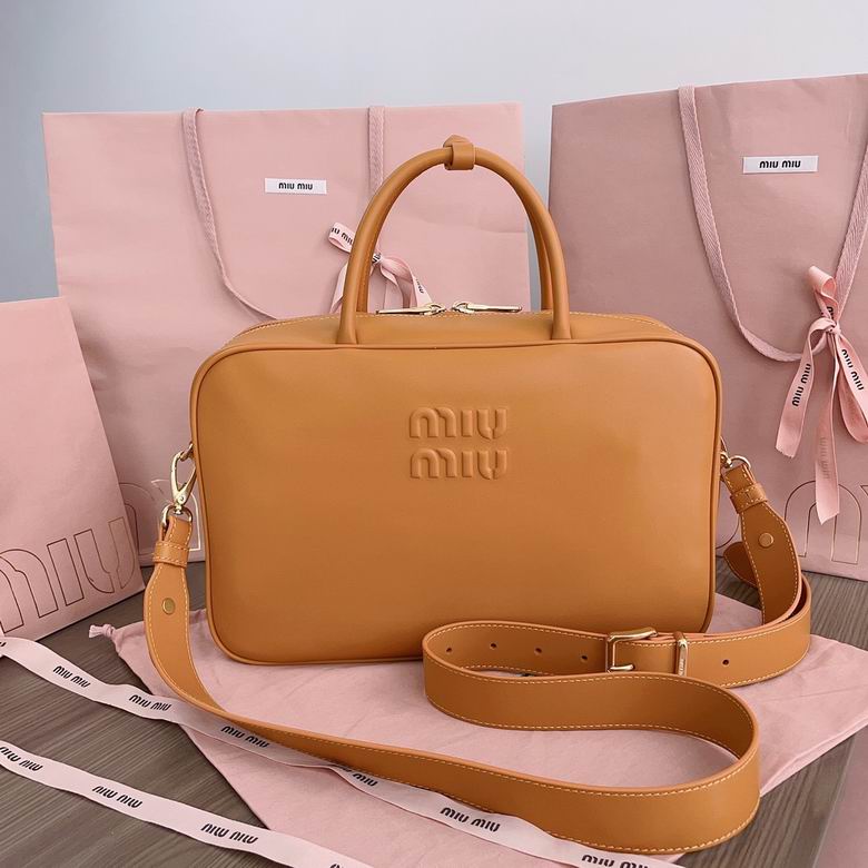 Miu Miu Top-Handle Bag with Embossed Logo in Tan Leather, 34cm