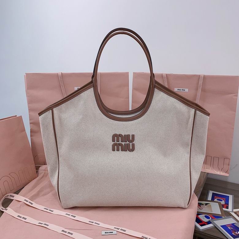 Miu Miu Ivy Tote Bag in Beige Canvas with Tan Leather Trim