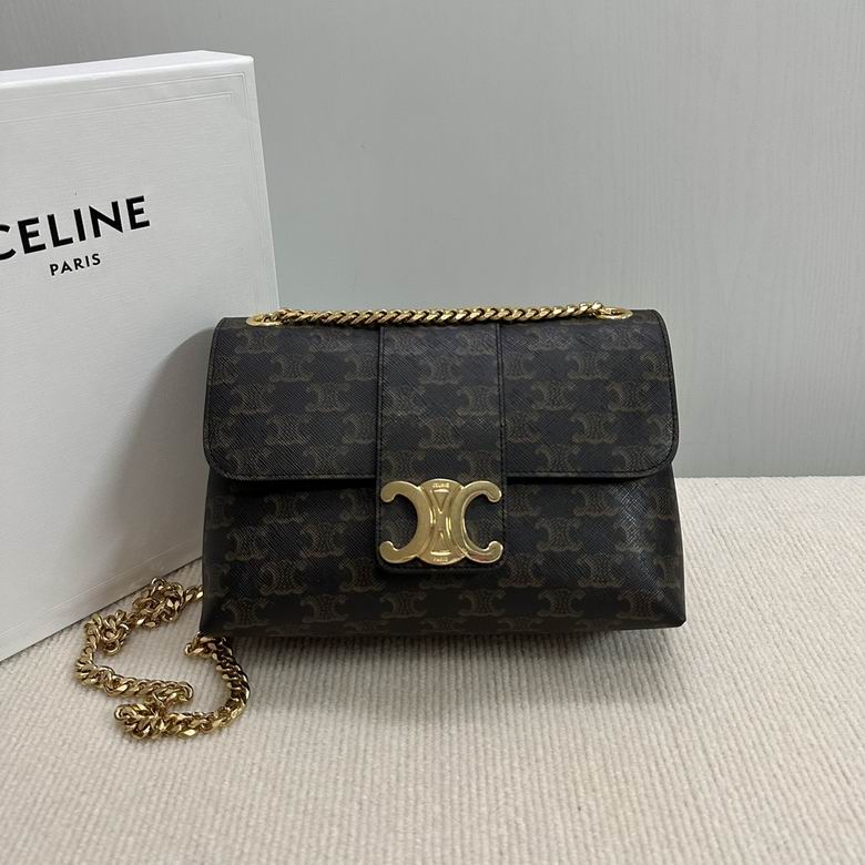 Celine Triomphe Chain Shoulder Bag in Triomphe Canvas, Tan and Black