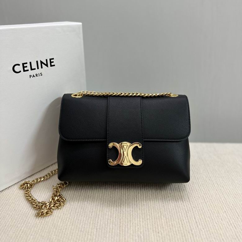 Celine Triomphe Chain Shoulder Bag in Black Grained Leather with Gold Clasp