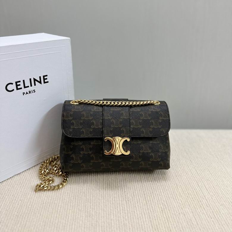 Celine Triomphe Chain Shoulder Bag in Triomphe Canvas, Tan and Black