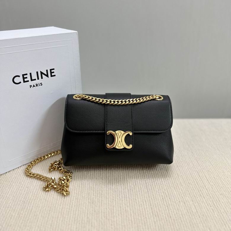 Celine Triomphe Chain Shoulder Bag in Black Grained Leather with Gold Hardware