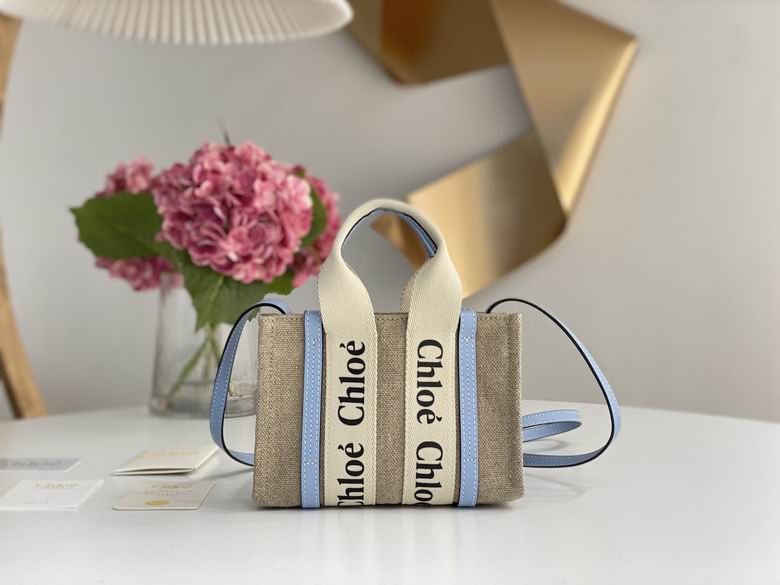 Chloé Woody Mini Tote Bag in Natural Linen Canvas with Light Blue Leather