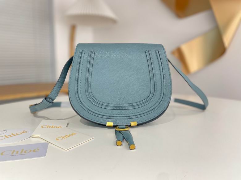 Chloé Marcie Medium Saddle Crossbody Bag in Blue Grained Leather