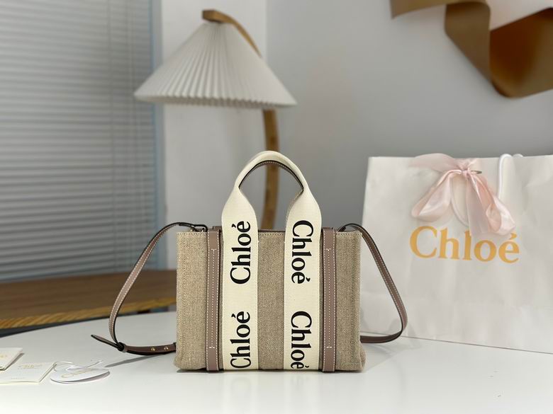 Chloé Woody Large Tote Bag in Beige Linen Canvas with Logo Ribbon Straps