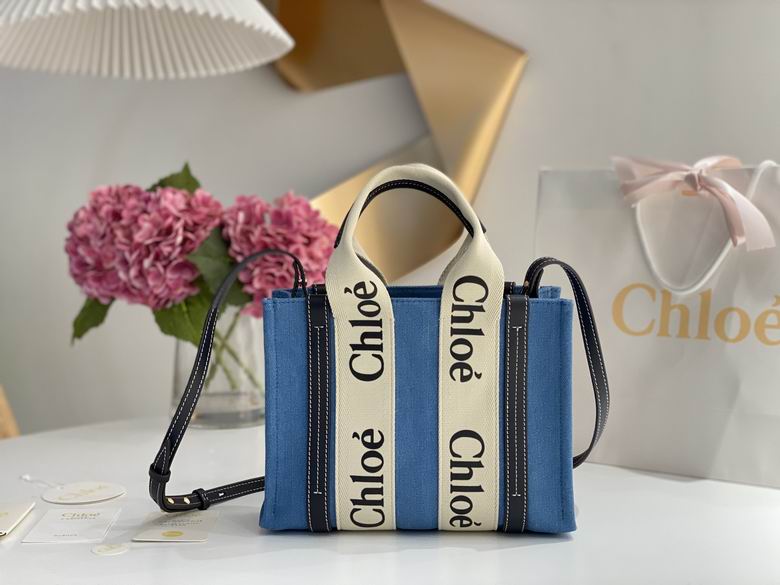 Chloé Woody Tote Bag in Blue Canvas with Cream Logo Ribbon and Black Leather