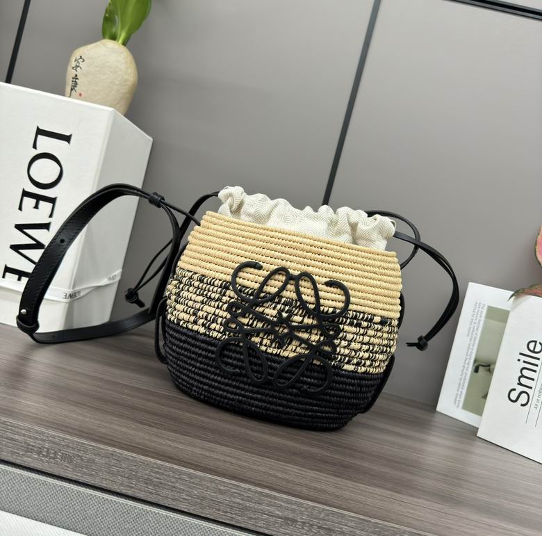 Loewe Raffia Drawstring Bucket Bag with Anagram in Natural and Black