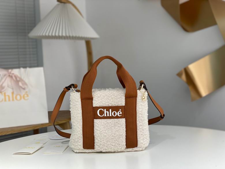 Chloé Woody Small Tote Bag in Cream Shearling with Tan Straps