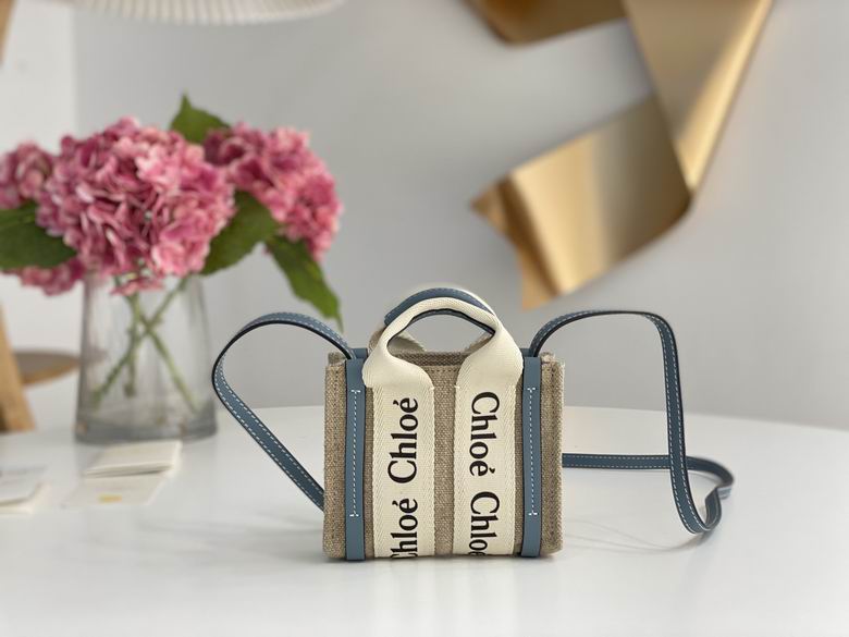 Chloé Woody Nano Tote Bag in Natural Linen Canvas with Blue Leather Trim