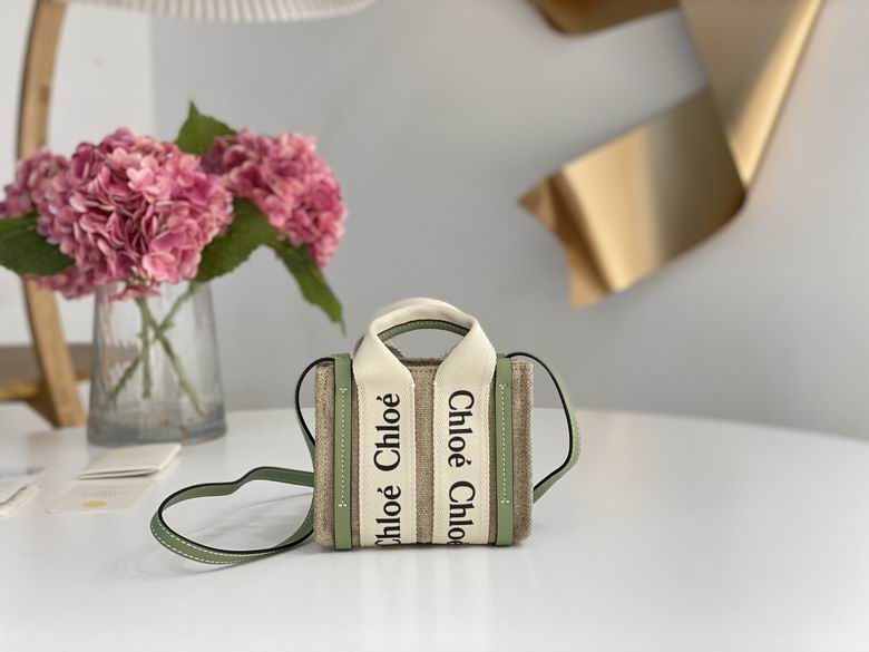 Chloé Woody Nano Tote Bag in Natural Linen Canvas with Sage Green Leather