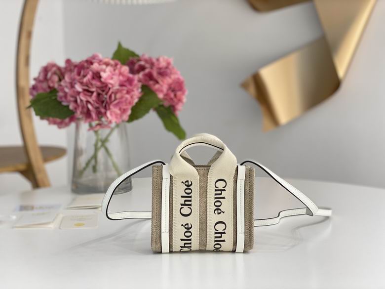 Chloé Woody Nano Tote Bag in Beige Linen Canvas with White Leather Strap