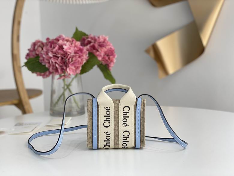 Chloé Woody Nano Tote Bag in Linen Canvas with Light Blue Leather Trim
