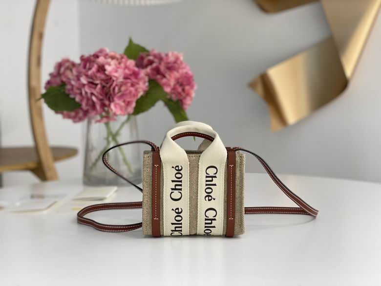 Chloé Woody Nano Tote Bag with Strap in Natural Linen and Tan Leather