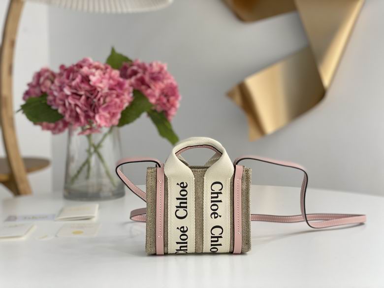 Chloé Woody Nano Tote Bag in Natural Linen Canvas with Pink Leather Trim