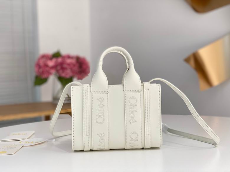 Chloé Woody Mini Tote Bag with Strap in White Leather