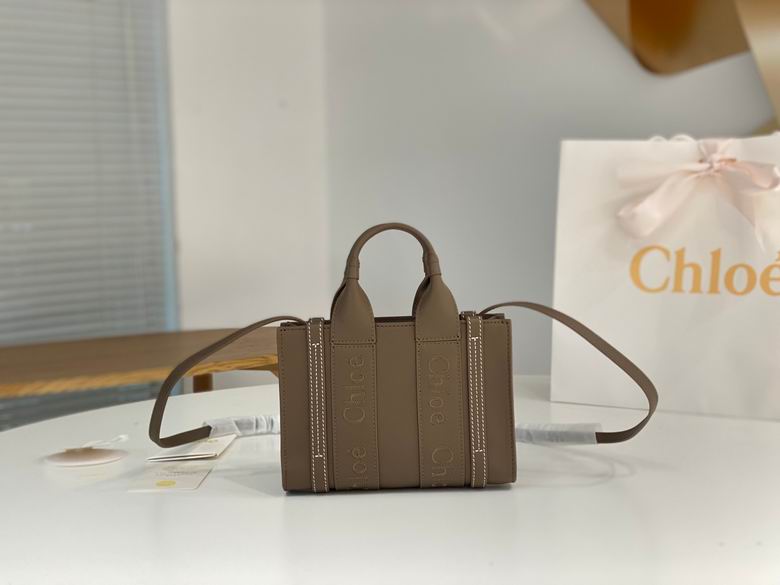 Chloé Woody Mini Tote Bag with Shoulder Strap in Taupe Leather