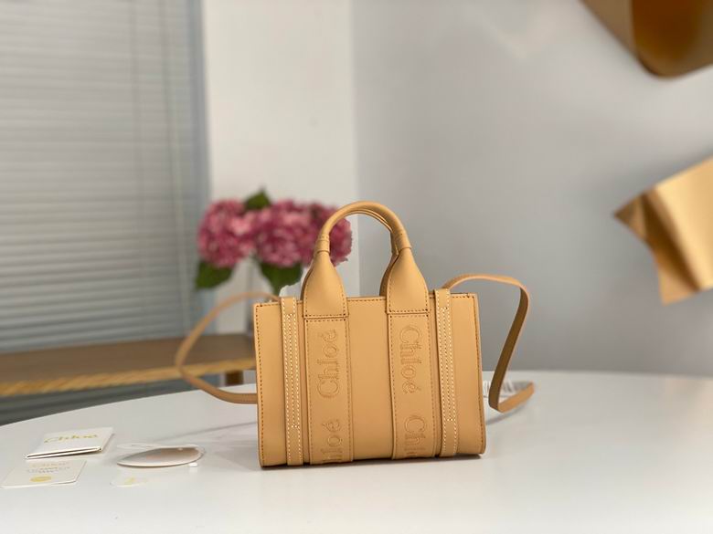 Chloé Woody Mini Tote Bag in Tan Leather with Crossbody Strap