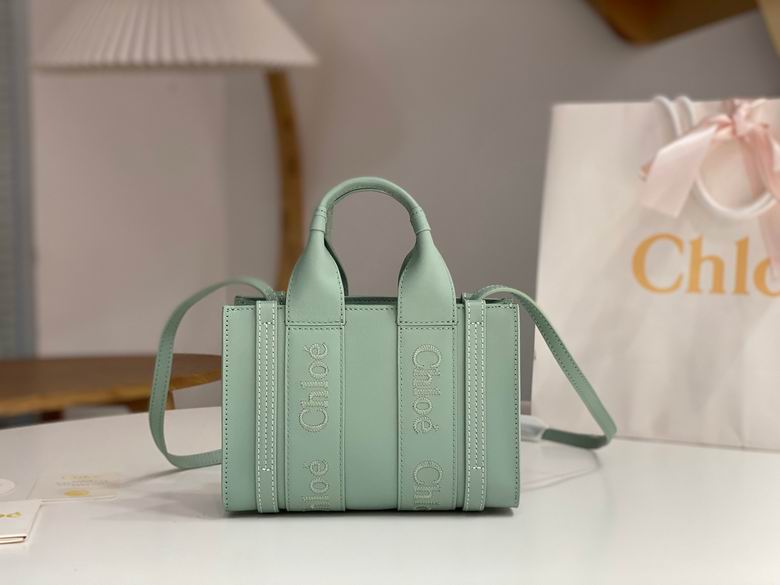 Chloé Woody Tote Bag with Crossbody Strap in Mint Green Leather
