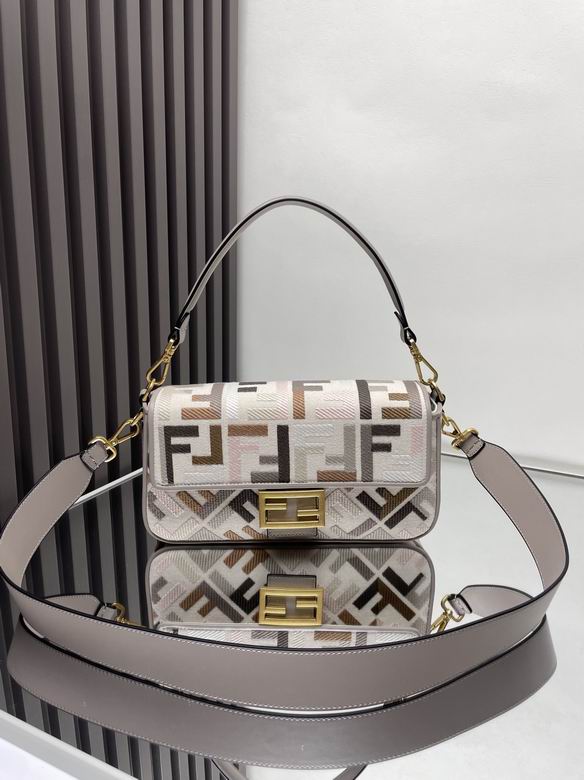 Fendi Baguette Medium Shoulder Bag in FF Embroidery with Taupe Leather Strap