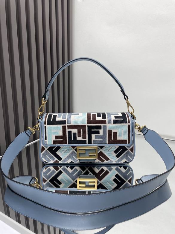 Fendi Baguette Medium Shoulder Bag in FF Jacquard with Light Blue Leather