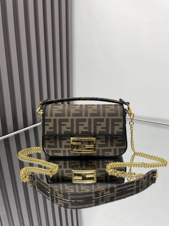 Fendi Baguette Medium Shoulder Bag in Brown FF Jacquard with Gold Chain