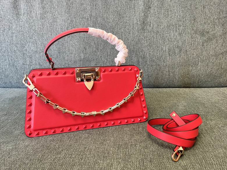 Valentino Rockstud Top-Handle Bag with Chain and Strap in Red Leather