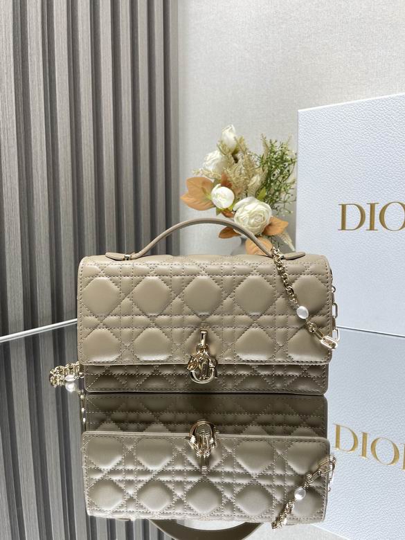 Dior Lady Cannage Top-Handle Flap Bag with Chain in Beige Quilted Leather