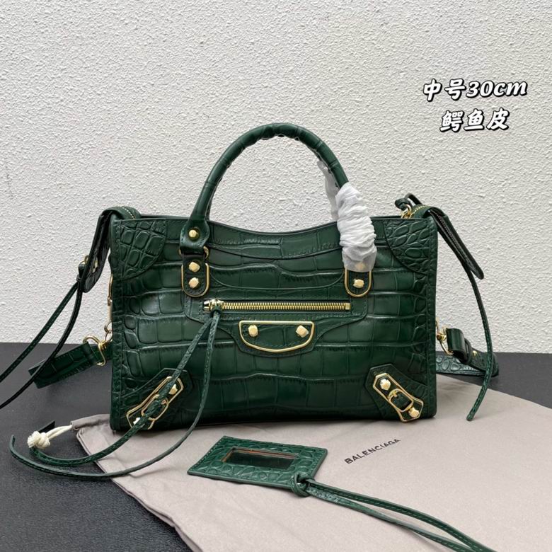 Balenciaga City Small Top-Handle Bag in Dark Green Croc-Embossed Leather