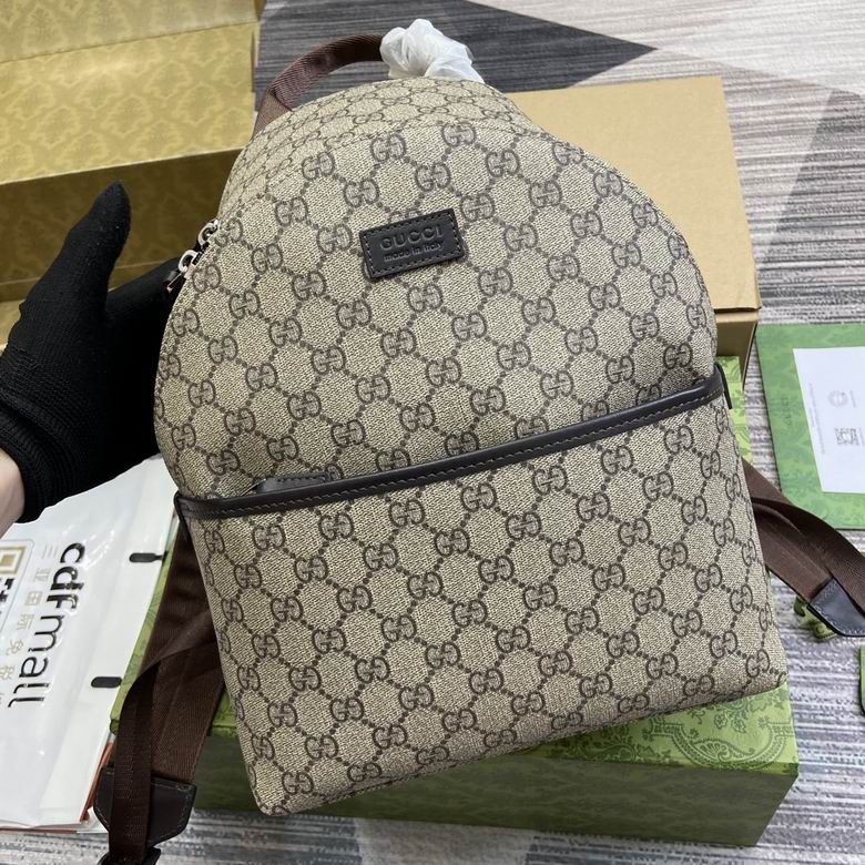 Gucci GG Supreme Backpack in Beige and Ebony Canvas with Leather Trim