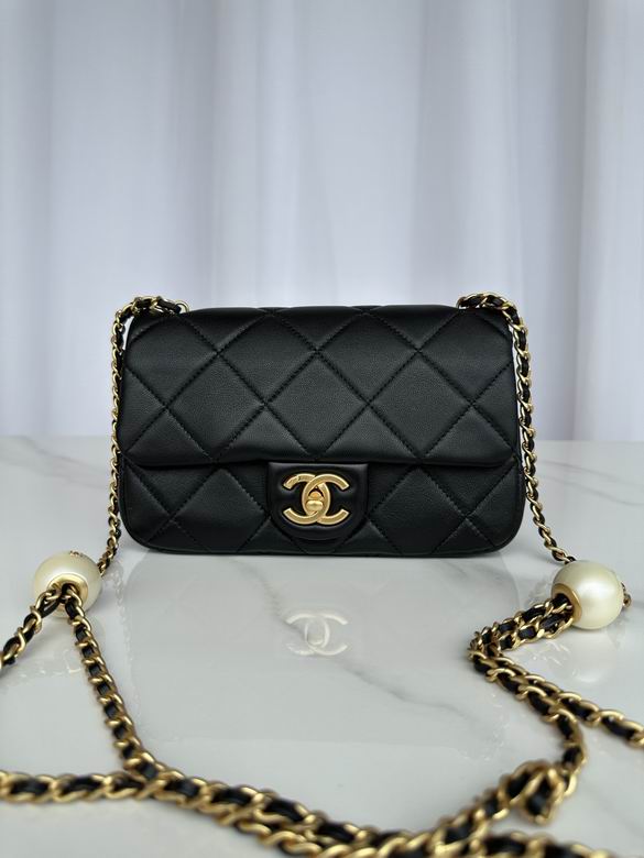 Chanel Mini Flap Bag with Pearl Chain Strap in Black Quilted Lambskin