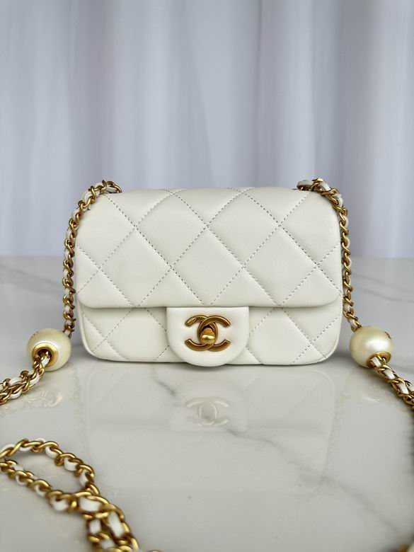 Chanel Mini Flap Bag with Pearl Chain Strap in White Quilted Lambskin
