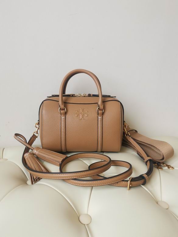 Tory Burch Boston Bag with Tassels and Crossbody Strap in Tan Pebbled Leather