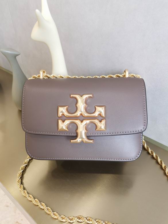 Tory Burch Eleanor Small Shoulder Bag in Taupe Grey Leather with Gold Chain