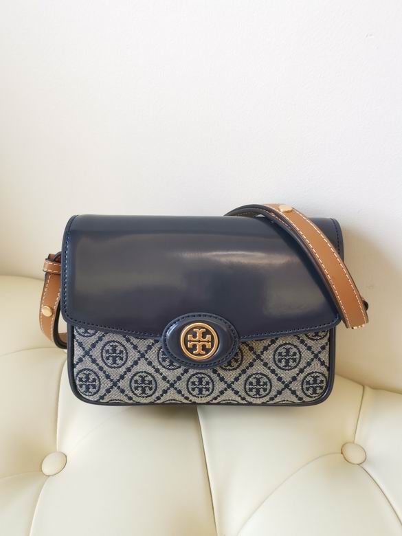 Tory Burch T Monogram Flap Shoulder Bag in Navy Leather and Jacquard