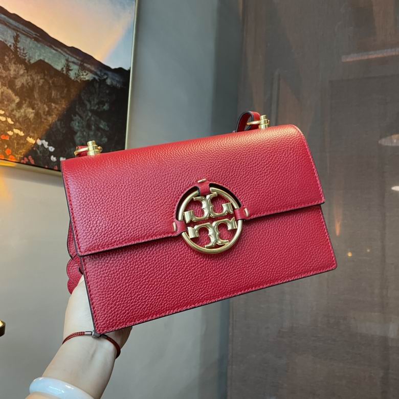 Tory Burch Miller Flap Shoulder Bag in Red Pebbled Leather with Gold Logo