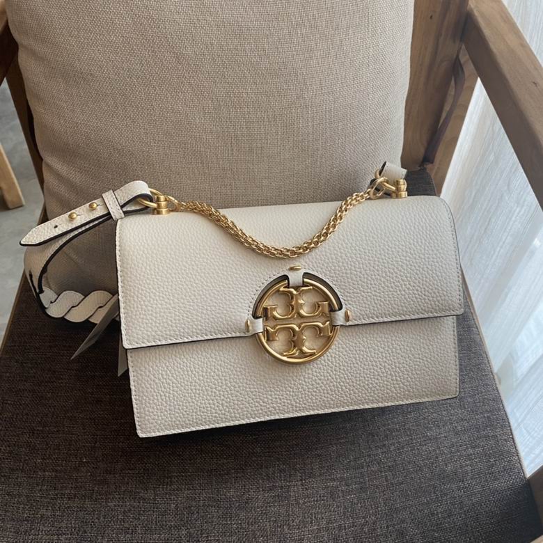 Tory Burch Miller Flap Shoulder Bag in Cream Pebbled Leather with Gold Medallion