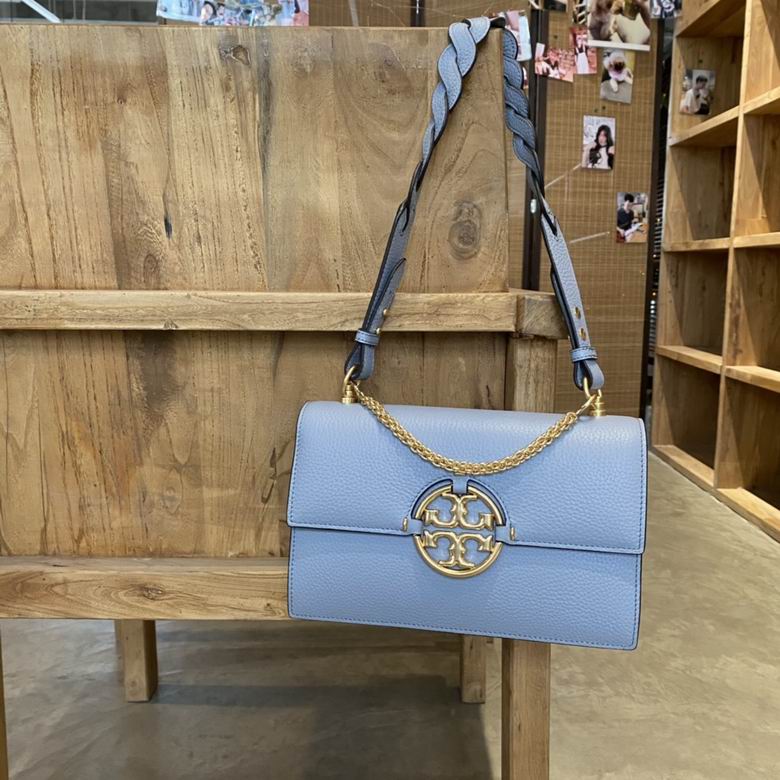 Tory Burch Miller Shoulder Bag in Light Blue Pebbled Leather with Braided Strap