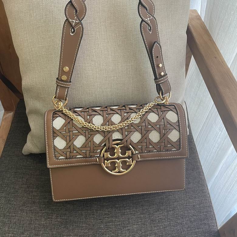 Tory Burch Miller Flap Shoulder Bag in Brown Leather with Woven Cane Panel