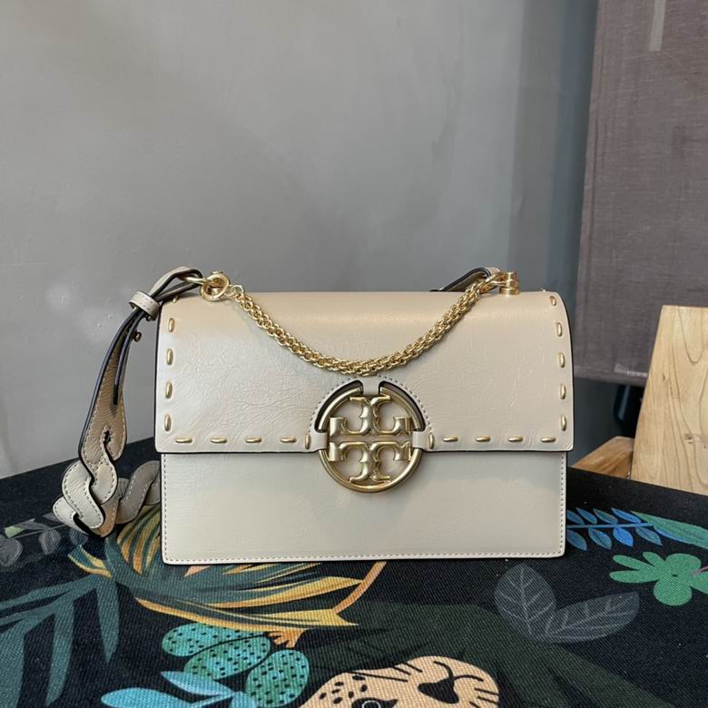 Tory Burch Miller Shoulder Bag with Chain Strap and Stitched Flap in Cream