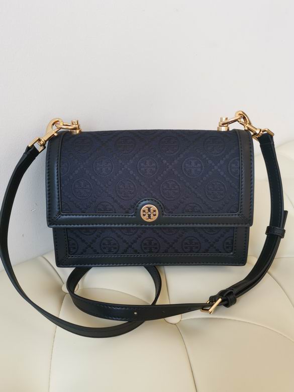 Tory Burch T Monogram Flap Shoulder Bag in Navy Jacquard with Leather Trim