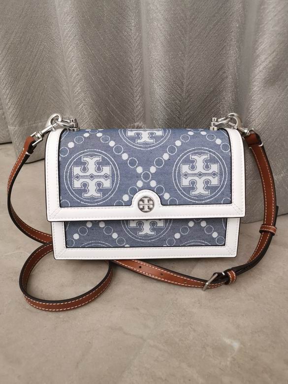 Tory Burch T Monogram Denim Shoulder Bag with White Leather Trim and Tan Strap