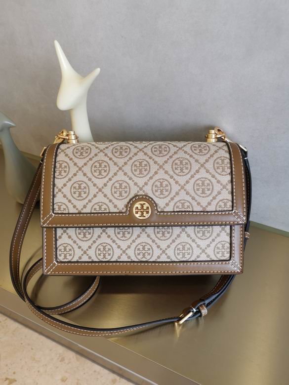 Tory Burch T Monogram Jacquard Shoulder Bag with Brown Leather Trim