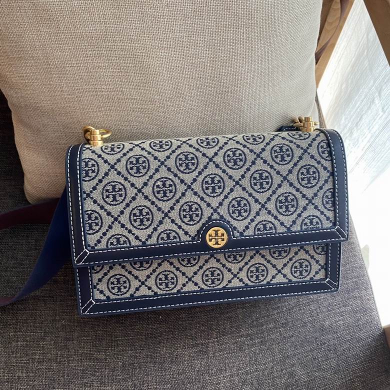 Tory Burch T Monogram Jacquard Flap Shoulder Bag in Navy with Leather Trim